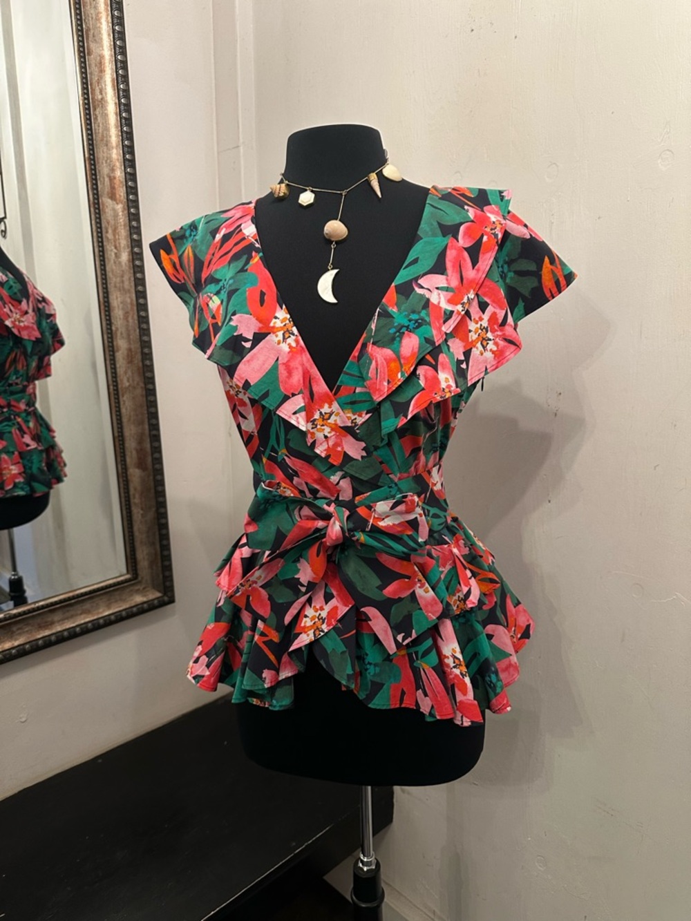 Marissa Webb Floral Ruffle V-Neck Peplum Top